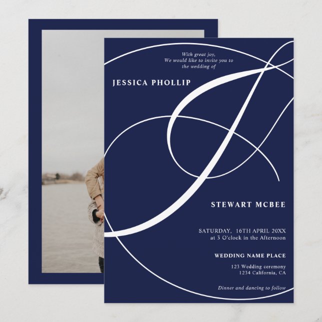 Convites Casamento de caligrafia azul com marinho (Frente/Verso)