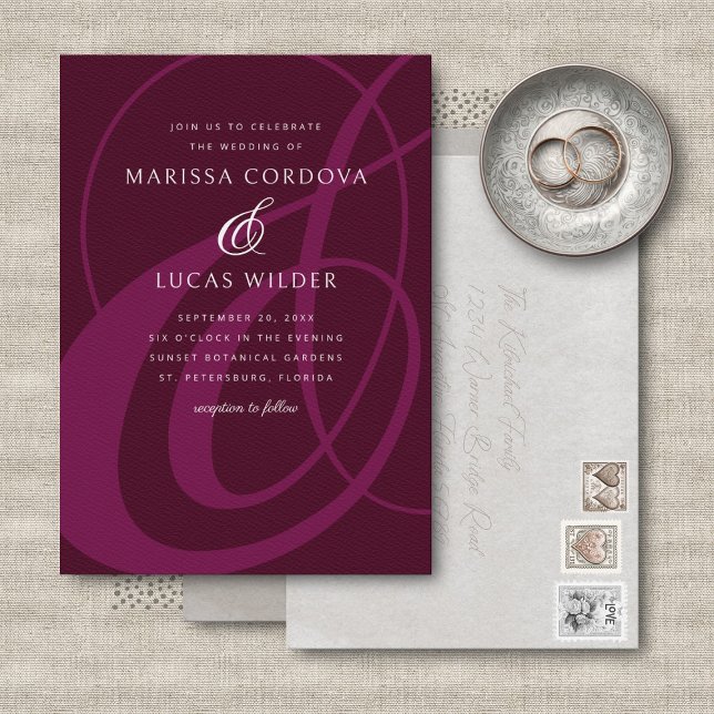 Convites Casamento de Caligrafia Burgundy Ampersand Script (Criador carregado)