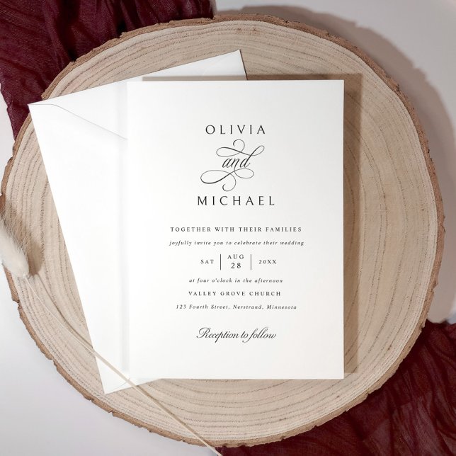 Convites Casamento de Caligrafia Clássica Elegante Simples (Simple black and white wedding invitation with elegant classic calligraphy script.)