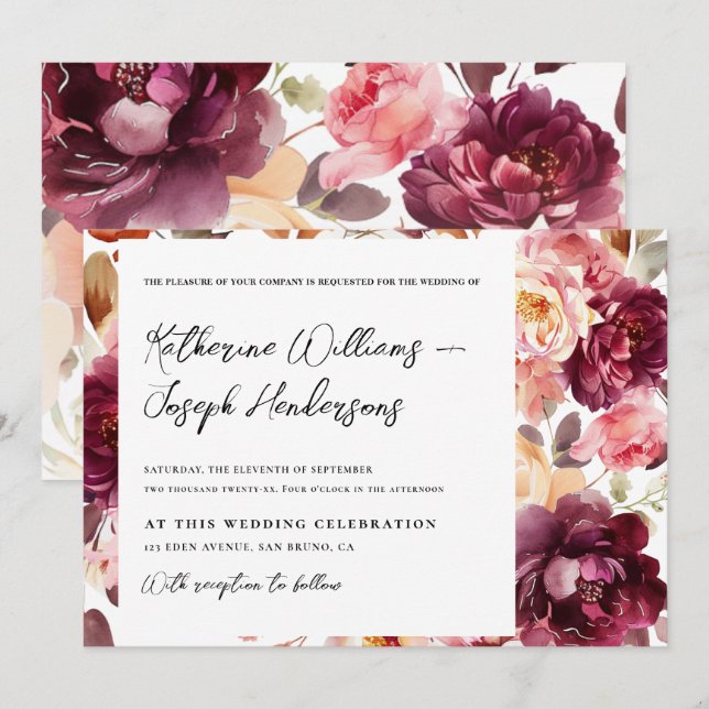 Convites Casamento de Caligrafia com Script Floral de Jardi (Frente/Verso)