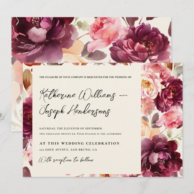 Convites Casamento de Caligrafia com Script Floral de Jardi (Frente/Verso)