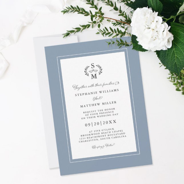 Convites Casamento de Caligrafia de Iniciais Azuis Elegante (Elegant Dusty Blue Initials Calligraphy Wedding Invitation)