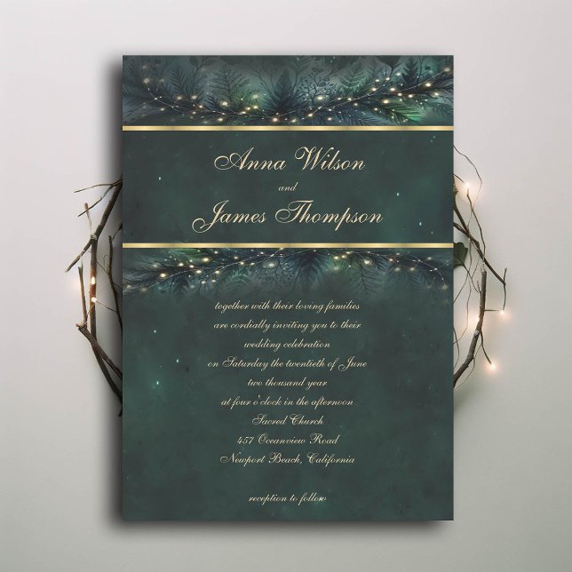 Convites Casamento de Caligrafia Dourada de Fada de Florest (enchanted forest wedding invitation emerald gold frame garland calligraphy modern classic)
