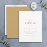 Convites Casamento de Caligrafia Dourada e Branca Moderna<br><div class="desc">Trendy, elegante e moderno, este simples e minimalista design de casamento de ouro e tipografia branca apresenta 'O Casamento de' na caligrafia moderna e texto Serif como a principal reportagem de design, e é baseado no nosso convite de chá de panela mais vendido. A parte traseira da placa apresenta uma...</div>