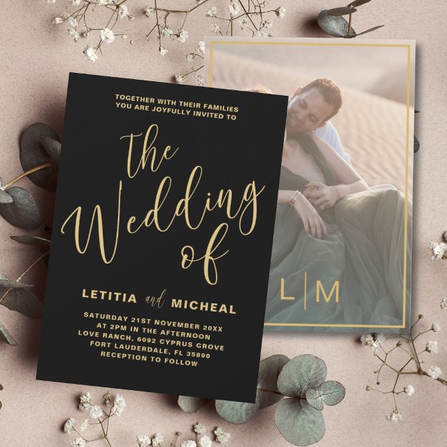 Convites Casamento de Caligrafia Dourada e Preta Elegante (Criador carregado)