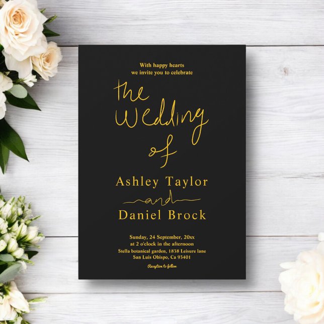 Convites Casamento De Caligrafia Dourada E Preta Elegante (Criador carregado)