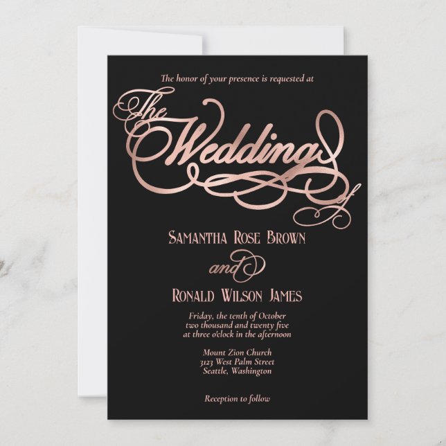 Convites Casamento de Caligrafia Dourada Elegante Black & F (Frente)
