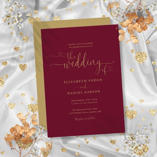 Convites Casamento de Caligrafia Dourada Elegante Borgonha (Elegant Burgundy Gold Hearts Calligraphy Wedding Invitation)