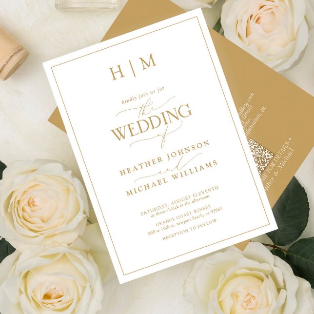 Convites Casamento de Caligrafia Dourada Monograma com Códi (Criador carregado)