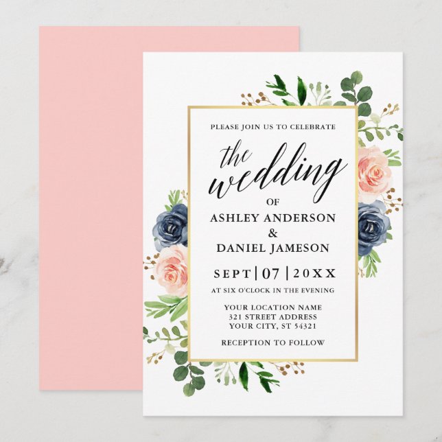 Convites Casamento de Caligrafia Dusty Blue Pink Roses (Frente/Verso)