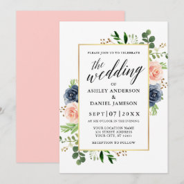 Convites Casamento de Caligrafia Dusty Blue Pink Roses