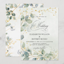 Convites Casamento de Caligrafia Elegante com Vegetação Euc