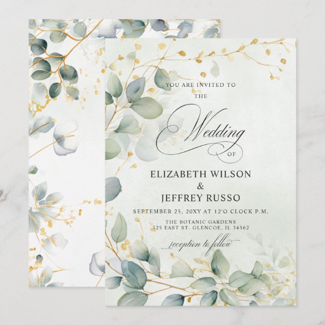 Convites Casamento de Caligrafia Elegante com Vegetação Euc (Frente/Verso)