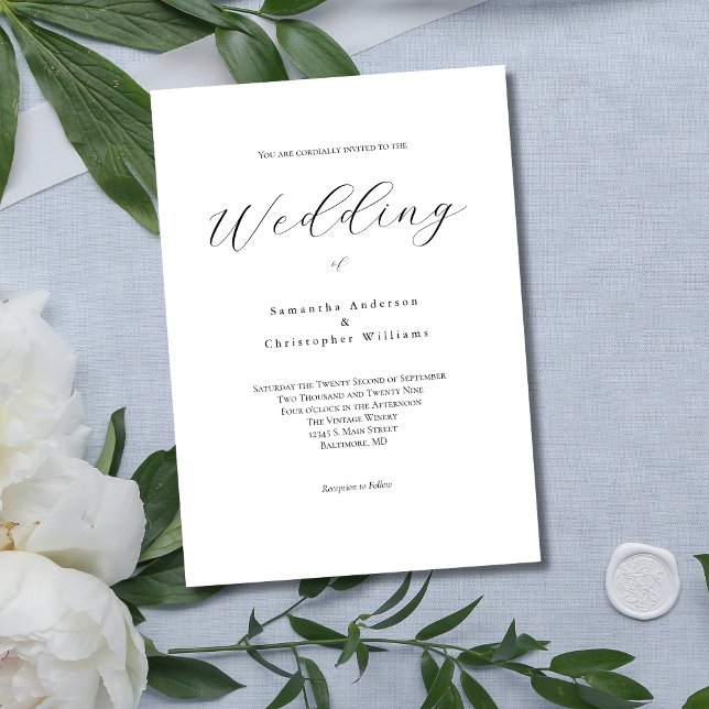Convites Casamento de Caligrafia Elegante Moderno Minimalis (Modern Minimalist Elegant Wedding Invitation with Script Font. Black and White.)
