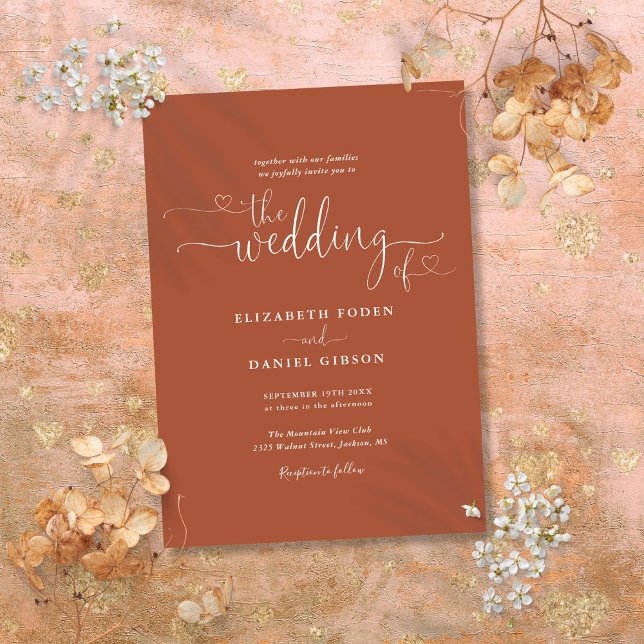Convites Casamento de Caligrafia Elegante Terracotta Hearts (Elegant Terracotta Hearts Calligraphy Wedding Invitation)