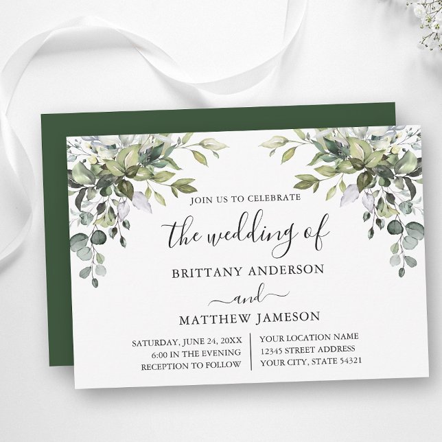 Convites Casamento de Caligrafia em Greenery (Customize to change text color, style, add text & photos to back or change color of back of card.)