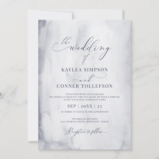 Convites Casamento de Caligrafia em Mármore de Aquarela Azu (Frente)