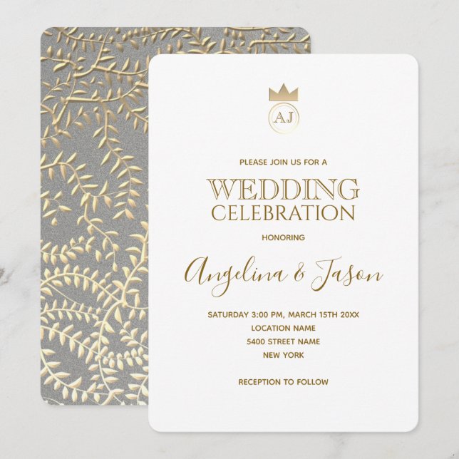 Convites Casamento de Caligrafia em Ouro Simples e Elegante (Frente/Verso)