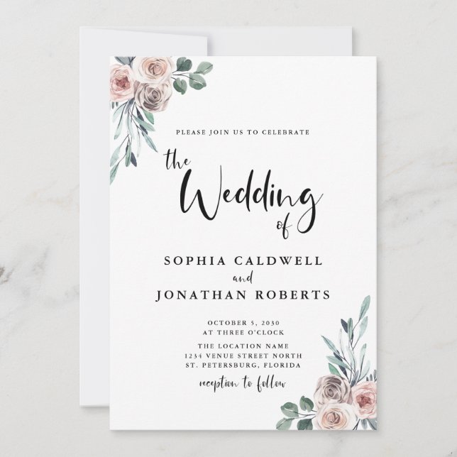 Convites Casamento de Caligrafia em Rosas Rosa Pidosas (Frente)