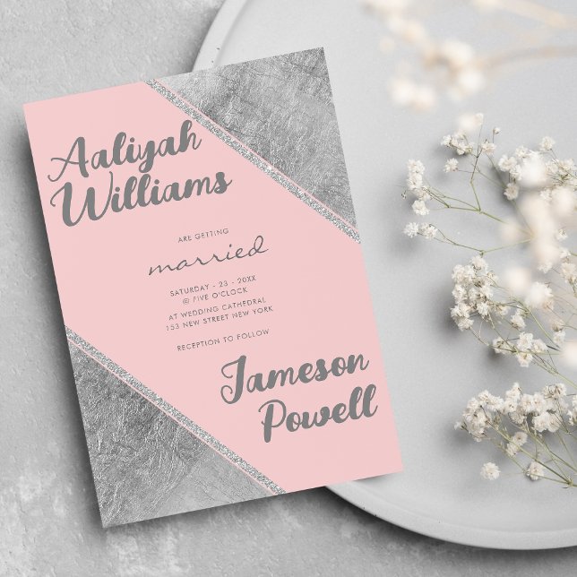 Convites Casamento de caligrafia em roteiro de brilho prate (Pink silver glitter script calligraphy wedding )