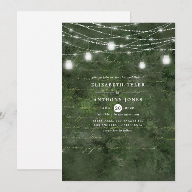 Convites Casamento de Caligrafia em Verde e Dourado Rústico (Frente/Verso)