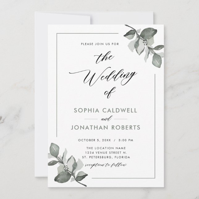 Convites Casamento de Caligrafia Eucalyptus (Frente)