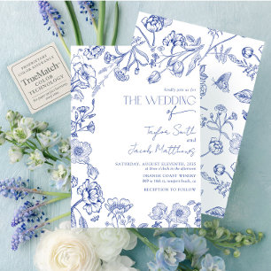 Convites Casamento de Caligrafia Floral Azul e Branco Vinta