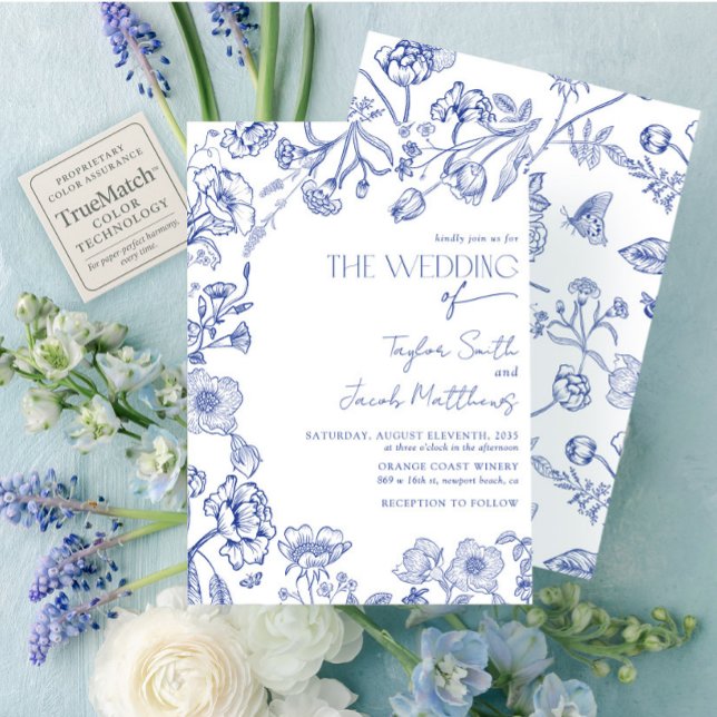 Convites Casamento de Caligrafia Floral Azul e Branco Vinta (Criador carregado)