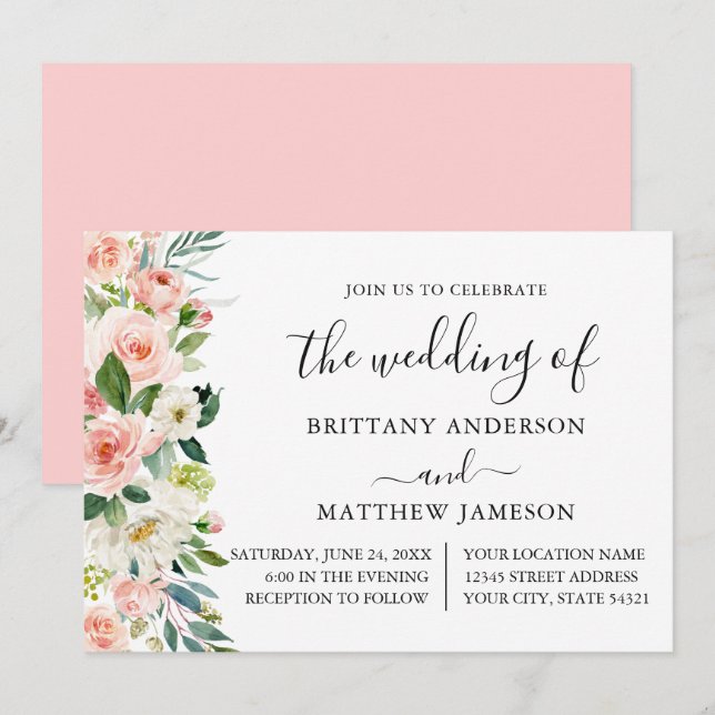 Convites Casamento De Caligrafia Floral Com Blush De Cor-De (Frente/Verso)