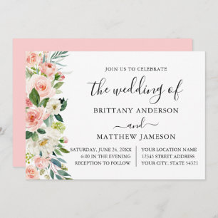 Convites Casamento De Caligrafia Floral Com Blush De Cor-De