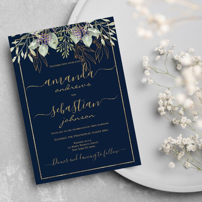 Convites Casamento de caligrafia floral com folhagem azul d (Gold navy blue foliage floral calligraphy wedding)