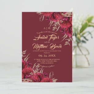 Convites Casamento de Caligrafia Floral em Borgonha e Doura