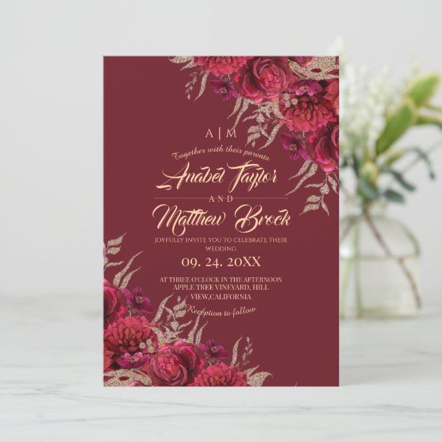Convites Casamento de Caligrafia Floral em Borgonha e Doura (Em pé/Frente)
