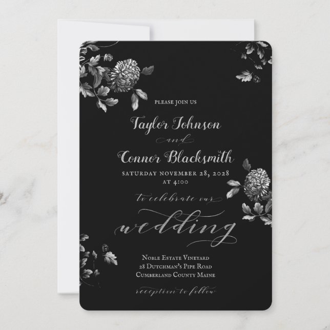 Convites Casamento de Caligrafia Floral Rustic Black Silver (Frente)