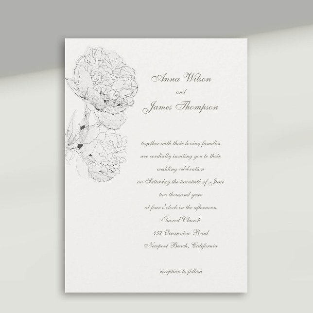 Convites Casamento de Caligrafia Formal de Ivory White (peony wedding invitation large blooms ink sketch ivory white formal calligraphy modern classic)