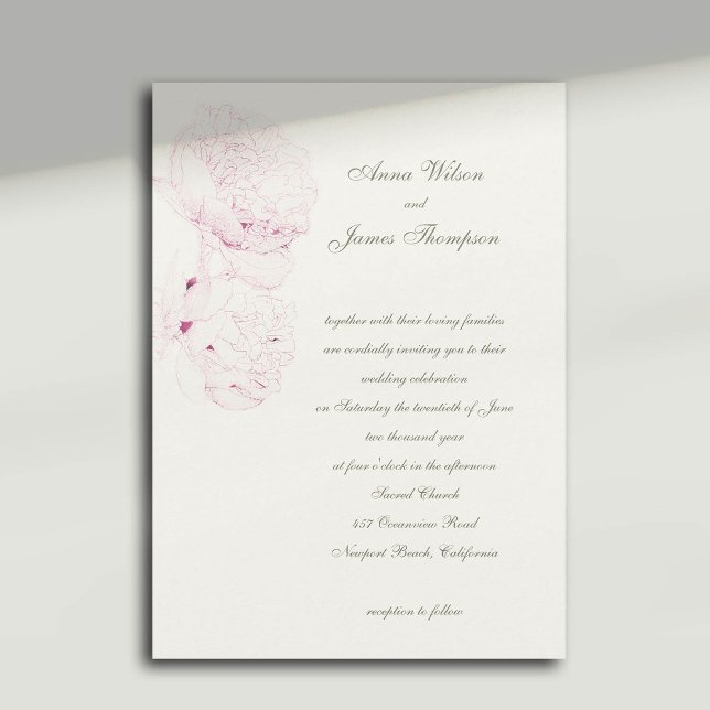 Convites Casamento de Caligrafia Formal de Peonies Rosa (pink peonies wedding invitation formal traditional calligraphy casual modern classic)