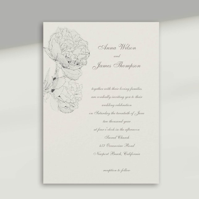 Convites Casamento de Caligrafia Formal Ecru De Peonies Ink (peony wedding invitation large blooms ink sketch ecru white formal calligraphy modern classic)