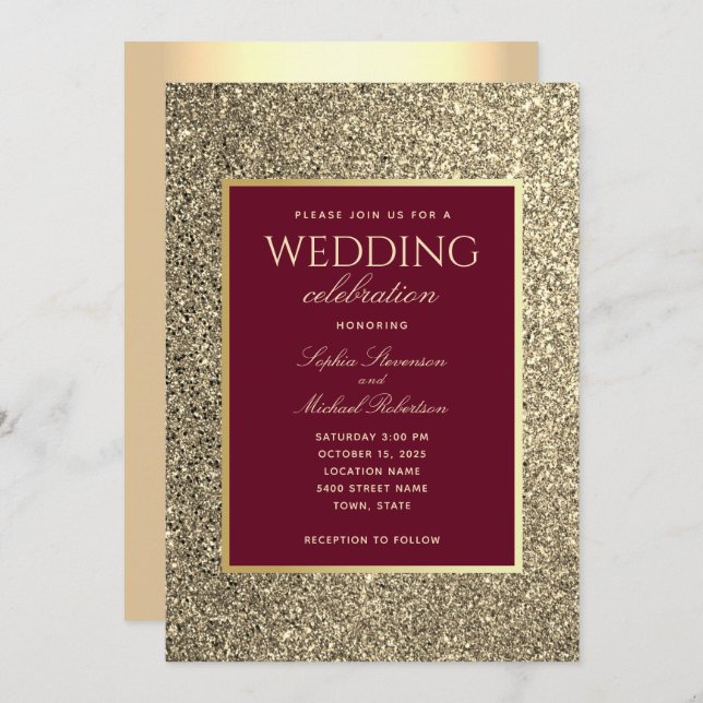 Convites Casamento de Caligrafia Glitter Dourado Borgonha (Frente/Verso)