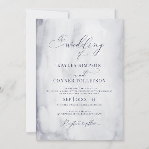 Convites Casamento de Caligrafia Marble de Cor Azul Elegant