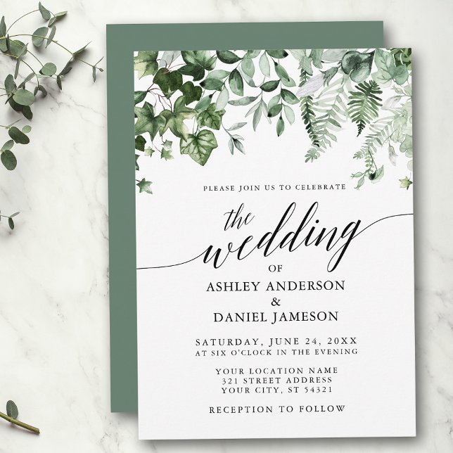 Convites Casamento de Caligrafia Moderna Ivy Ferns Sage Gre (Customize to change your personalized text size, style or color of back of card.)