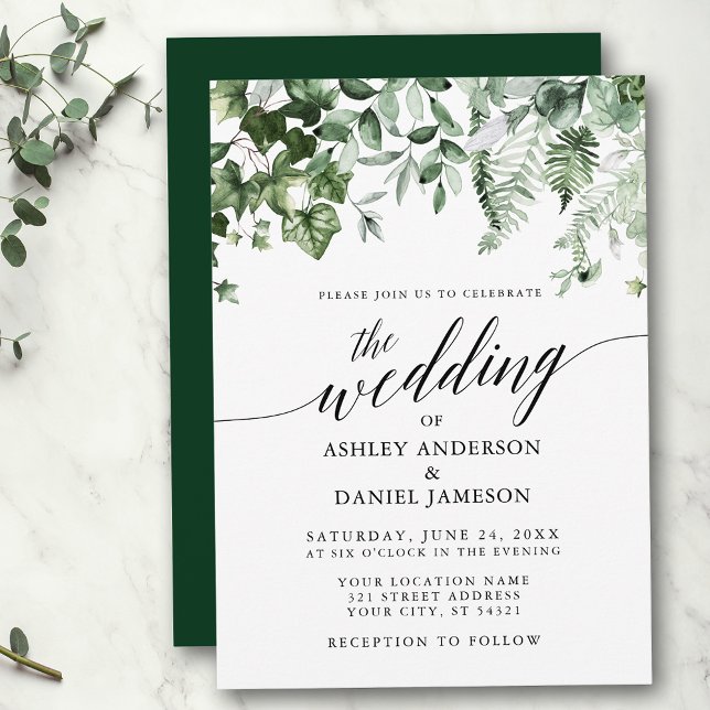 Convites Casamento de Caligrafia Moderna Ivy Sage Greenery (Customize to change your personalized text size, style or color of back of card.)