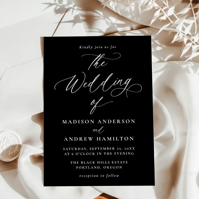 Convites Casamento de Caligrafia Moderna Minimalista Preto  (Criador carregado)