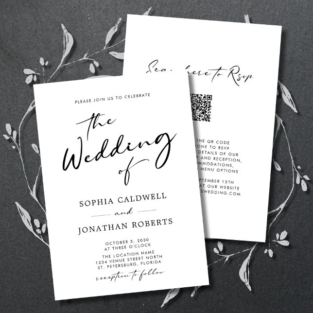 Convites Casamento de Caligrafia Moderna RSVP de RSVP de Có (All in One QR Code RSVP Modern Calligraphy Black and White Double Sided Wedding Invitation)