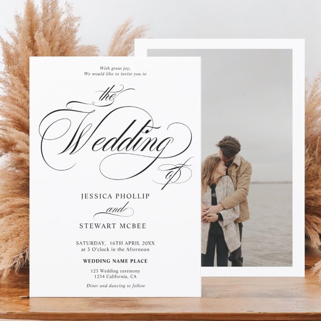 Convites Casamento de caligrafia negra com fotografia branc (Chic black white photo calligraphy wedding invitation)