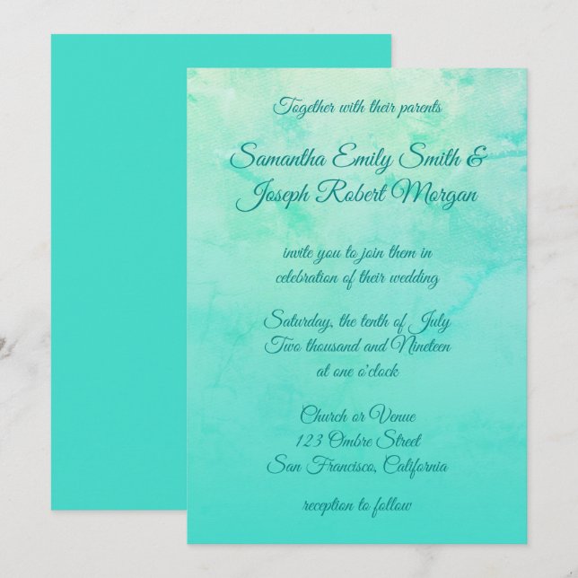Convites Casamento de Caligrafia Ombre Turquesa Aquarela (Frente/Verso)