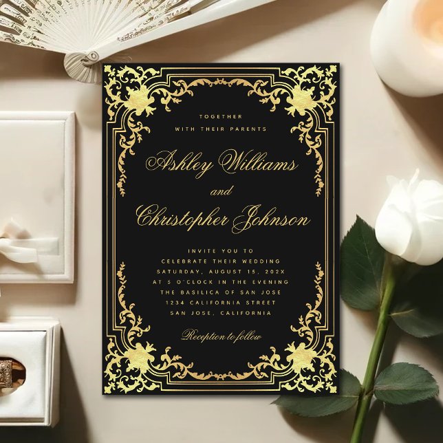 Convites Casamento de Caligrafia Ornamentada em Faux Dourad (Criador carregado)
