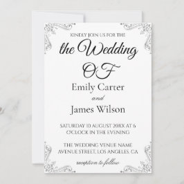 Convites Casamento de Caligrafia Preto e Branco Luxuoso e E