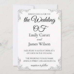 Convites Casamento de Caligrafia Preto e Branco Luxuoso e E