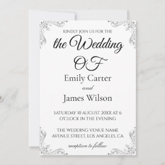 Convites Casamento de Caligrafia Preto e Branco Luxuoso e E
