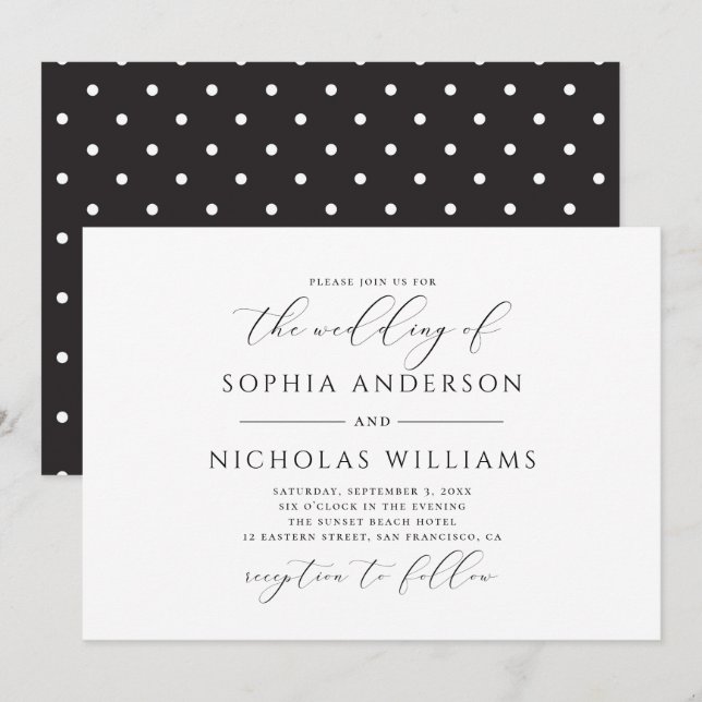 Convites Casamento de caligrafia preto e branco. Pontos pol (Frente/Verso)
